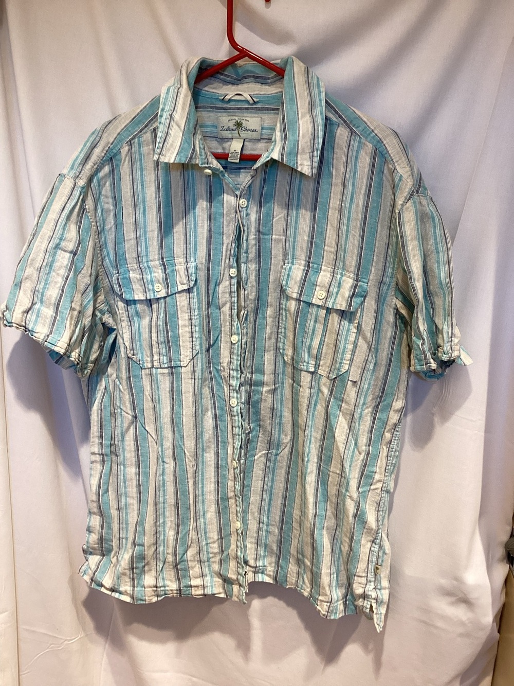 Teal and White Striped Short-Sleeve Button-Down Shirt